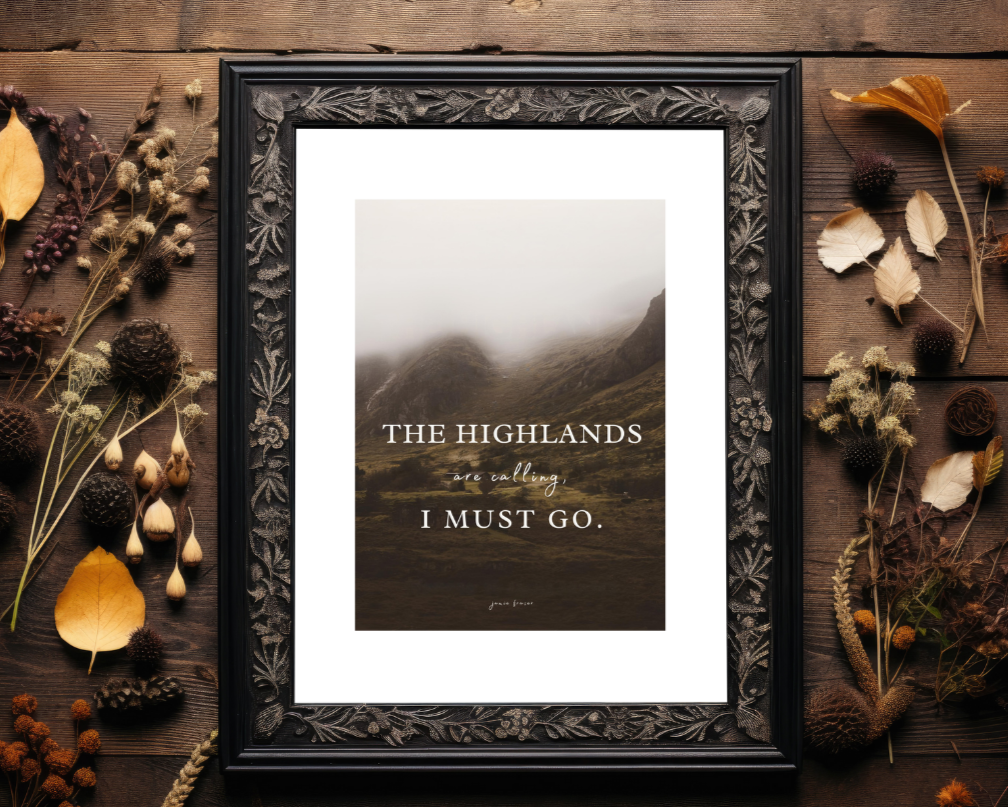 Highlands Collection featuring Scotland-inspired candles and wall art. Cozy moody home décor with Scottish Highlands theme, perfect for Outlander fans and nature lovers