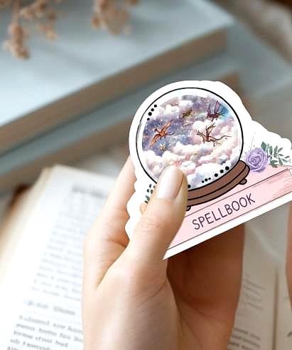 Pink Spell Book Snow Globe Dragon Sticker, Witchy Fantasy Decal