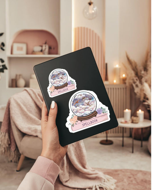 Pink Spell Book Snow Globe Dragon Sticker, Witchy Fantasy Decal