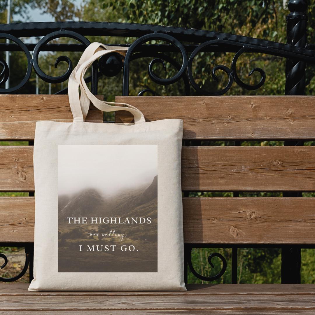 Highlands Calling Cotton Tote Bag: Scottish Landscape Shopping Bag