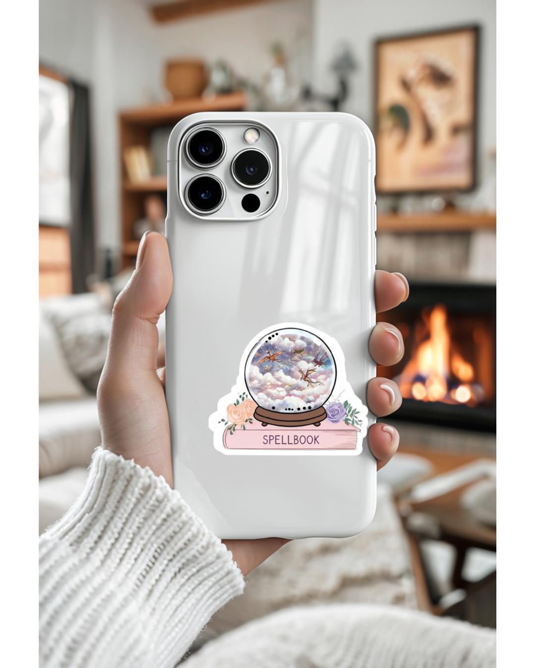 Pink Spell Book Snow Globe Dragon Sticker, Witchy Fantasy Decal
