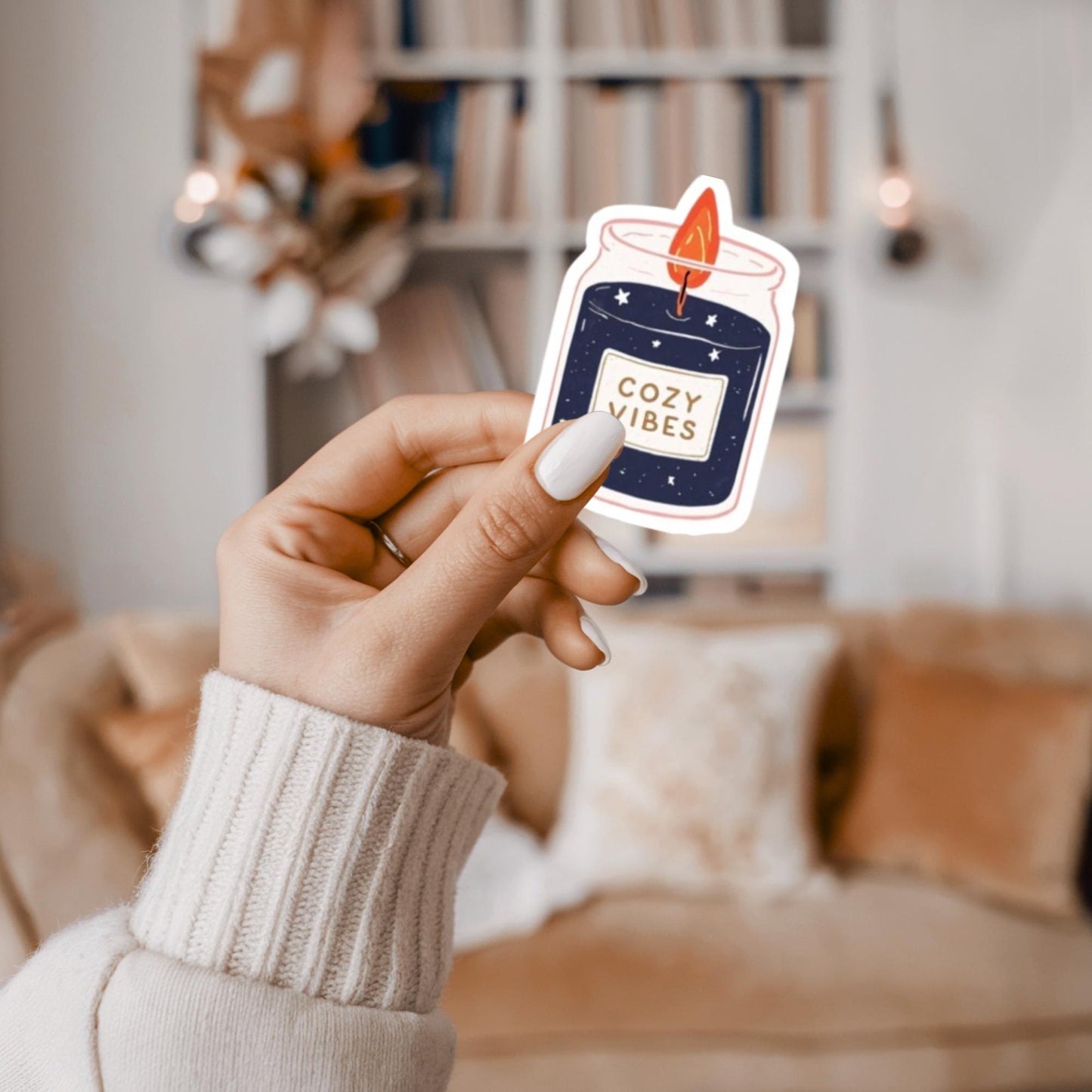 Cozy Vibes Candle Sticker, Hygge Aesthetic Vinyl Decal for Journals, Planners, Water Bottles & Laptops