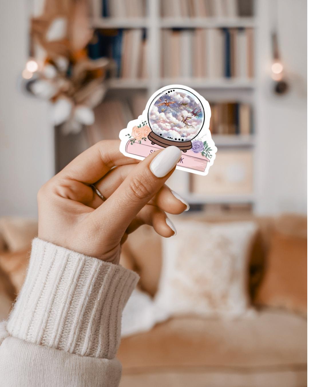 Pink Spell Book Snow Globe Dragon Sticker, Witchy Fantasy Decal