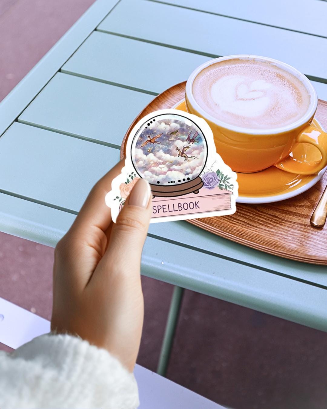 Pink Spell Book Snow Globe Dragon Sticker, Witchy Fantasy Decal