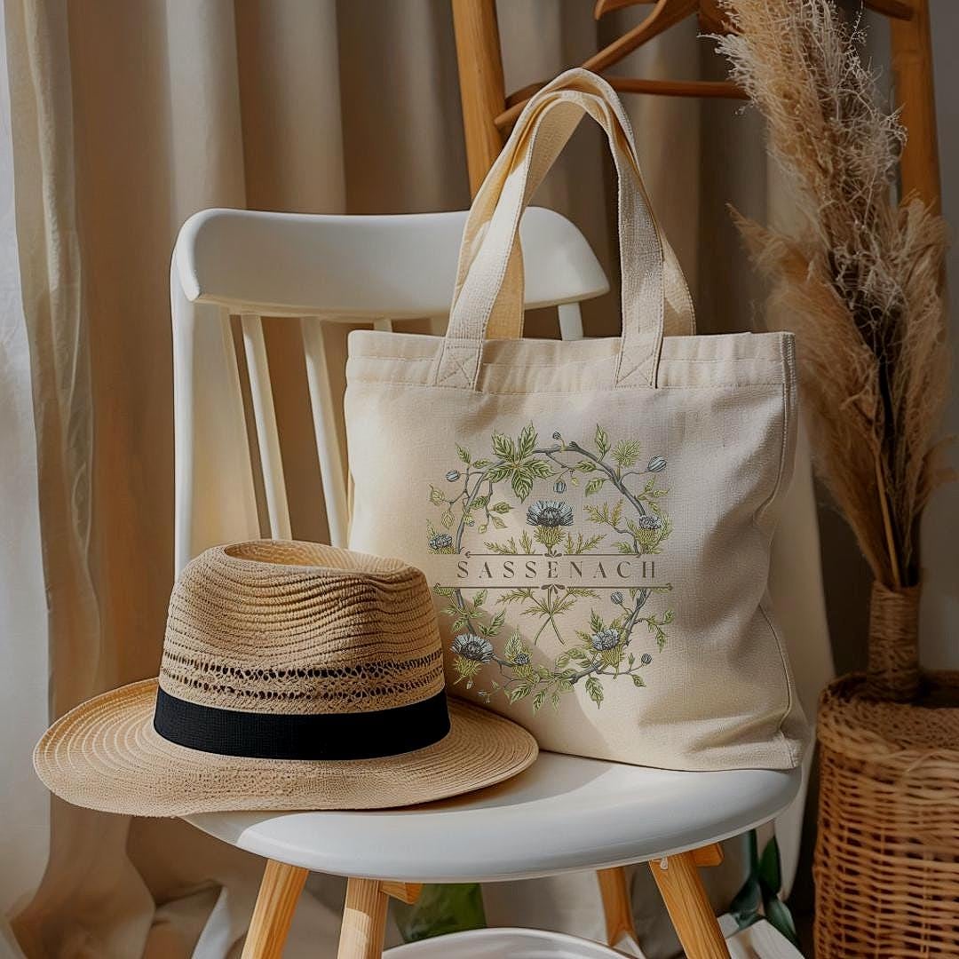 Sassenach Tote Bag: Outlander-Inspired Hand-Painted Floral Design